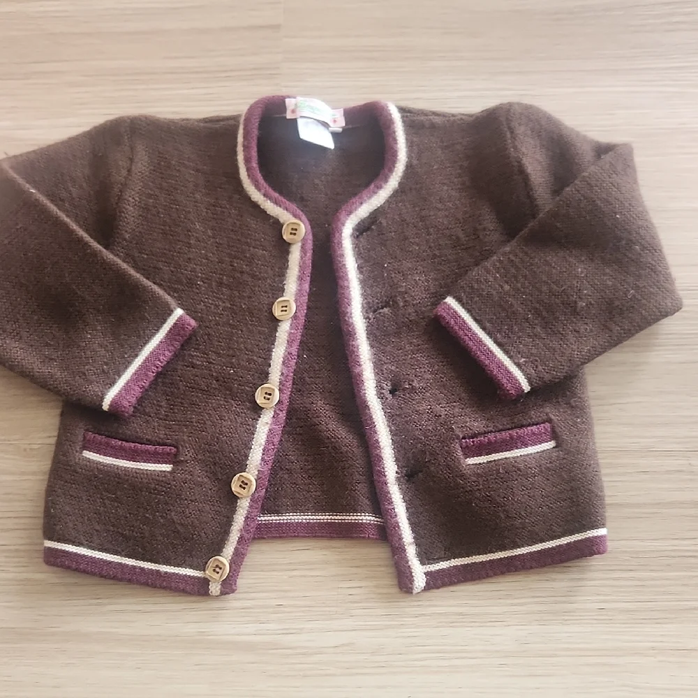 Bonpoint Wool Brown Cardigan with Purple Trim